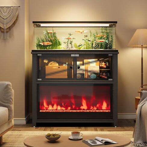 حامل حوض أسماك بسعة 40-50 جالون مع لهب LED 20 لونًا، بدون حرارة، حامل حوض سمك بهيكل معدني، خزانة تخزين بأبواب زجاجية تحمل ما يصل إلى 700 رطل، مناسب لخزان السلاحف وخزان الزواحف (أسود) in Kuwait