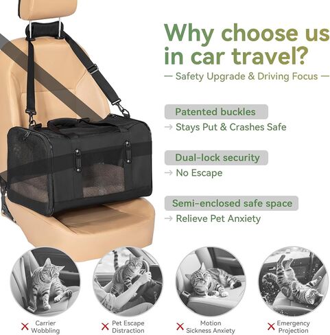 Petsfit Travel Pet Carrier للقطط الكبيرة (حتى 20 رطلاً)، حامل سفر للسيارة للكلاب ذو جوانب ناعمة مع إبزيم حاصل على براءة اختراع وبطانة ناعمة، مثالي لرحلات الطريق بالسيارة، 19 × 12 × 12 بوصة، رمادي in Saudi Arabia