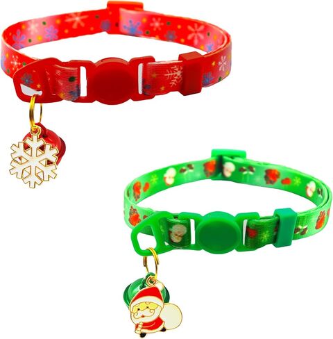 Christmas Cat Collars 2-Pack with Breakaway Safety Buckle, Adjustable 7.5-12.5 Inch Festive Kitten Collars with Removable Bell, Santa & Snowflake Design (Red+Green) in Saudi Arabia