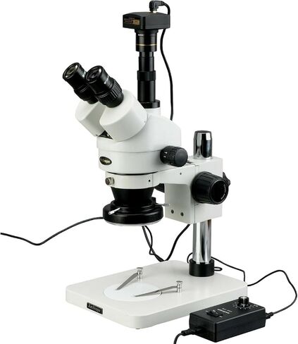 AmScope SM-1TSZ-144S Professional Trinocular Stereo Zoom Microscope, WH10x Eyepieces, 3.5X-90X Magnification, 0.7X-4.5X Zoom Objective, 144-Bulb LED Ring Light, Pillar Stand, 110V-240V, Includes 0.5X and 2.0X Barlow Lenses in Saudi Arabia