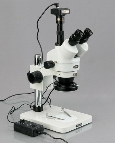 AmScope SM-1TSZ-144S Professional Trinocular Stereo Zoom Microscope, WH10x Eyepieces, 3.5X-90X Magnification, 0.7X-4.5X Zoom Objective, 144-Bulb LED Ring Light, Pillar Stand, 110V-240V, Includes 0.5X and 2.0X Barlow Lenses in Saudi Arabia