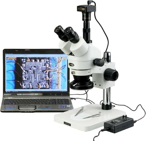 AmScope SM-1TSZ-144S Professional Trinocular Stereo Zoom Microscope, WH10x Eyepieces, 3.5X-90X Magnification, 0.7X-4.5X Zoom Objective, 144-Bulb LED Ring Light, Pillar Stand, 110V-240V, Includes 0.5X and 2.0X Barlow Lenses in Saudi Arabia