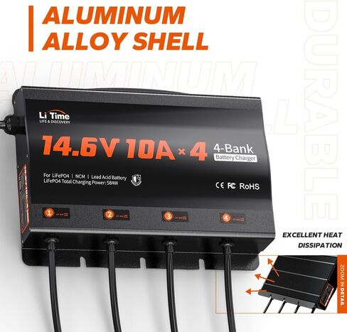 LiTime 2-Bank 10A (10A/Bank) Dual Smart Battery Charger, 14.6V LiFePO4 Battery Charger AC-DC Charger with Fuse, LED Indicator for RV, Boat, Motorcycle, Lawn Mower, Trolling motor and Lead Acid Battery in Kuwait