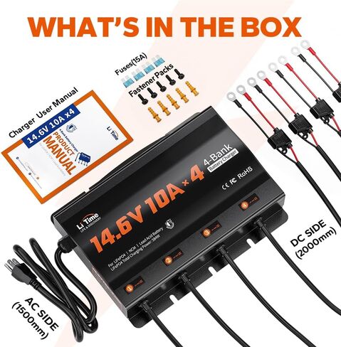 LiTime 2-Bank 10A (10A/Bank) Dual Smart Battery Charger, 14.6V LiFePO4 Battery Charger AC-DC Charger with Fuse, LED Indicator for RV, Boat, Motorcycle, Lawn Mower, Trolling motor and Lead Acid Battery in Kuwait