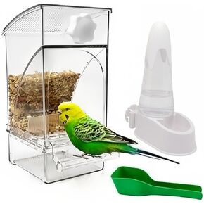 Automatic No Mess Bird Feeder and Water Dispenser Set, Acrylic Food Container and Drinker Bowl for Parrot Cage, Easy Clean Accessories for Parakeets Cockatiels Lovebirds and Other Small Pets in Kuwait