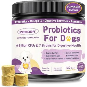 ZEBORA Probiotics for Dogs, Dog Probiotics for Digestive Health, with Pumpkin, Digestive Enzymes, Omega-3, Support Gut, Immune Health, Upset Stomach Relief, Occasional Diarrhea, 120 Freeze Dried Chews in Saudi Arabia