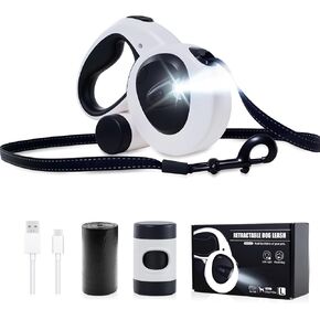 16 ft Retractable Dog Leash 4-in-1 Dog Leash with LED Light,Dispenser,Poop Bags,Quick Lock Braking and Non-Slip Handle,360° Tangle-Free for Dogs up to 66lbs,Black,L in Kuwait