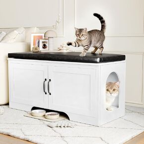 Modern Cat Litter Box Enclosure, 39" Hidden Litter Box Furniture with Removable Padded Seat Cushion, Flip-Top Design, Cat Washroom Bench with Storage Cabinet, Fit Most of Litter Box,White in Kuwait