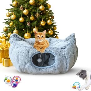 Cat Donut Tunnel Bed with 3pcs Mouse Ball Toy - Cat Tunnel for Under Christmas Tree & Cat Tunnel Bed Cave - Soft cat cave Bed – 3-in-1 Cat Tunnels for Indoor Cats, Kittens, Puppies, Rabbits (Grey) in Saudi Arabia