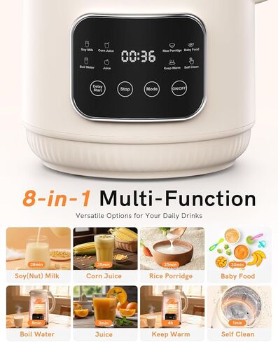 خلاط ماكينة صنع حليب الجوز سعة 50 أونصة (الفولاذ المقاوم للصدأ)، ماكينة صنع حليب الصويا الأوتوماتيكية 8 في 1 للنباتيين، حليب نباتي اللوز/جوز الهند/الشوفان محلي الصنع مع تأخير البدء لمدة 18 ساعة، الحفاظ على الدفء لمدة 6 ساعات، التنظيف الذاتي والماء المغلي in Kuwait