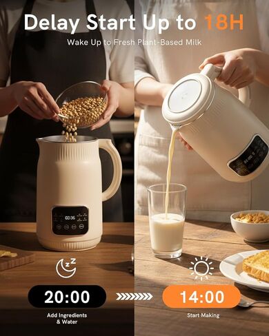 خلاط ماكينة صنع حليب الجوز سعة 50 أونصة (الفولاذ المقاوم للصدأ)، ماكينة صنع حليب الصويا الأوتوماتيكية 8 في 1 للنباتيين، حليب نباتي اللوز/جوز الهند/الشوفان محلي الصنع مع تأخير البدء لمدة 18 ساعة، الحفاظ على الدفء لمدة 6 ساعات، التنظيف الذاتي والماء المغلي in Kuwait