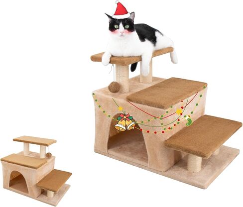 3-in-1 Pet Stairs for Cats for High Bed, Adjustable Dog Steps, Modular 3-Tier, Cushioned Steps & Cat Condo, Adjustable Entrance, Dangling Ball, for Kittens, Senior & Cats (Grey, Medium) in Saudi Arabia