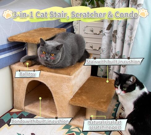 3-in-1 Pet Stairs for Cats for High Bed, Adjustable Dog Steps, Modular 3-Tier, Cushioned Steps & Cat Condo, Adjustable Entrance, Dangling Ball, for Kittens, Senior & Cats (Grey, Medium) in Saudi Arabia