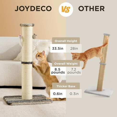عمود خدش للقطط من Joydeco مقاس 34 بوصة، حبل سيزال شديد التحمل وسميك مع كرة معلقة وفئران للقطط الداخلية (رمادي) in Kuwait