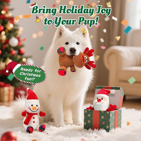 Christmas Dog Toys Set - 3 Pack Durable Squeaky Dog Toys for Small, Medium & Large Dogs, Soft Plush Santa, Reindeer & Snowman Gift for Pets in Kuwait