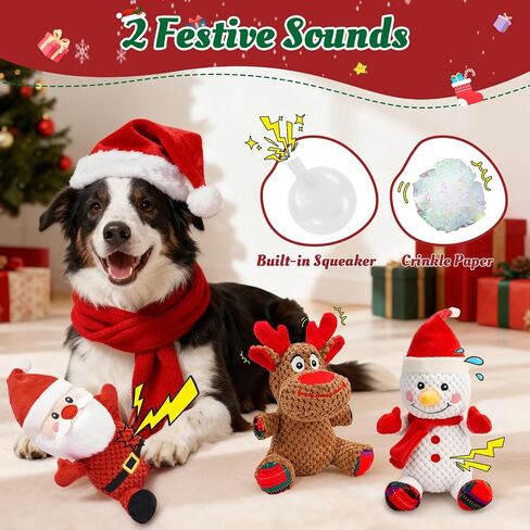 Christmas Dog Toys Set - 3 Pack Durable Squeaky Dog Toys for Small, Medium & Large Dogs, Soft Plush Santa, Reindeer & Snowman Gift for Pets in Kuwait