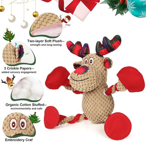 IOKHEIRA Christmas Dog Toys - Squeaky Dog for Small, Medium, and Large Dogs, Holiday Dog Toys with Organic Cotton, 5 Squeakers & Crinkle Papers, Soft Plush for Tug of War in Saudi Arabia