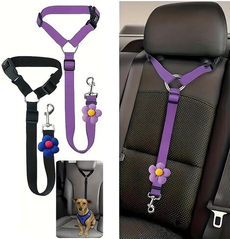 Dog Seat Belt for Car, Dog Seatbelt Car Harness Accessories, Pet Harness Small Sized Safety Leash Ring Cat Pet Seat Belt with Flower Headrest Retractable Leash Safety Tether(Black) in Saudi Arabia