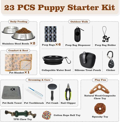 مجموعة لوازم الجراء للمبتدئين - مجموعة مستلزمات الجراء ومستلزمات الكلاب للكلاب الصغيرة، تتضمن أوعية وألعابًا وفرشاة أسنان وحقيبة مكافآت وأكثر من ذلك، هدايا ترحيب منزلية لجراءك الجدد - باللون الوردي in Kuwait