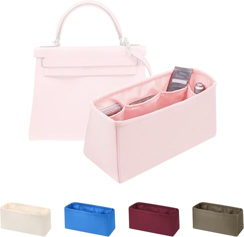 إدراج منظم KINGS IN BAG، منظم حقائب اليد وتخزين الحقائب الفاخرة بالحرير، يناسب حقيبة Kelly pochette/miniⅡ/20/25/28/32/35/40، مشكل خفيف الوزن للاستخدام اليومي، 8 جيوب (وردي، Kelly25) in Kuwait