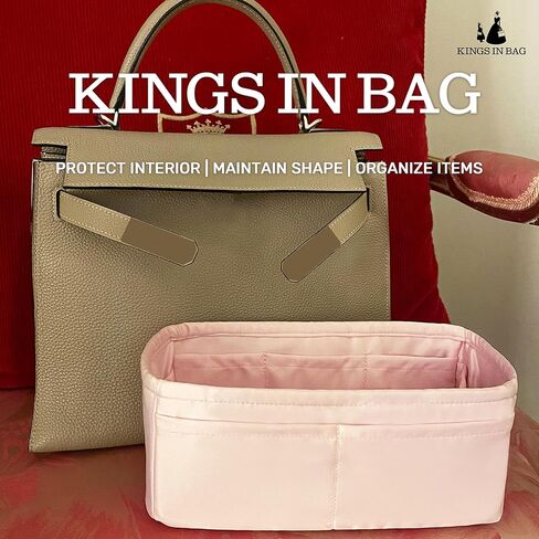 إدراج منظم KINGS IN BAG، منظم حقائب اليد وتخزين الحقائب الفاخرة بالحرير، يناسب حقيبة Kelly pochette/miniⅡ/20/25/28/32/35/40، مشكل خفيف الوزن للاستخدام اليومي، 8 جيوب (وردي، Kelly25) in Kuwait