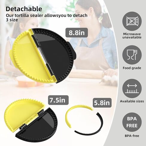 مانع تسرب التورتيلا، صانعة الكساديلا 3 في 1 مع 8.8+7.5+5.8 بوصة، مكشكش بوريتو قابل للإزالة للبوريتوس، التاكو، الفطائر، كالزون، الزلابية (أسود أصفر) in Kuwait