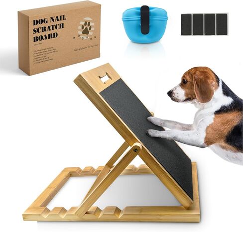 Solid Bamboo Dog Nail Scratch Board – 5 Adjustable Angles for Trimming & Filing – Includes Clip-On Silicone Treat Pouch for Training in Saudi Arabia