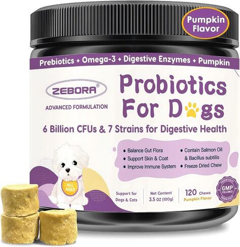ZEBORA Probiotics for Dogs, Dog Probiotics for Digestive Health, with Pumpkin, Digestive Enzymes, Omega-3, Support Gut, Immune Health, Upset Stomach Relief, Occasional Diarrhea, 120 Freeze Dried Chews in Saudi Arabia
