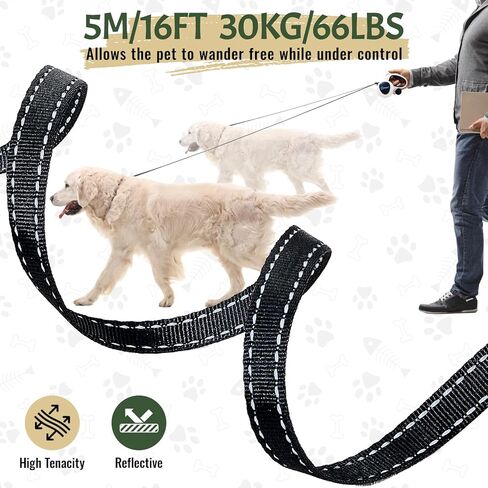 مقود للكلاب قابل للسحب بطول 16 قدم، مقود للكلاب 4 في 1 مزود بإضاءة LED، وموزع، وأكياس فضلات، وفرامل سريعة القفل ومقبض غير قابل للانزلاق، خالي من التشابك بزاوية 360 درجة للكلاب التي يصل وزنها إلى 66 رطلًا، أسود، L in Kuwait