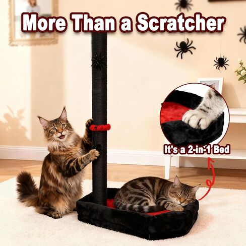 عمود خدش للقطط القوطية مع سرير، جهاز خدش للقطط بطول 86.36 سم للقطط الداخلية - عمود خدش حديث من السيزال مع ألعاب متدلية عنكبوتية للقطط الصغيرة والقطط البالغة in Kuwait