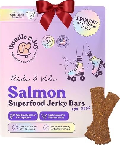 حزمة x Joy Ride & Vibe Salmon Jerky للكلاب - كيس 16 أونصة، أطعمة طبيعية فائقة الجودة - حلوى السلمون الخالية من الذرة والدواجن وفول الصويا والحبوب المصنوعة في الولايات المتحدة الأمريكية فقط in Kuwait