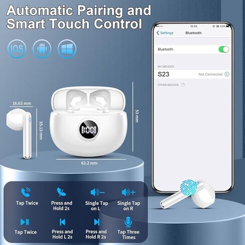 سماعات الأذن اللاسلكية ، 2025 Bluetooth 5.3 سماعات الرأس براعم الأذن ستيريو مع ميكروفونات إلغاء ضوضاء ENC ، وسماعات الأذن بلوتوث 40H مع شاشة LED مزدوجة ، ومقاومة للماء IP7 في سماعات الأذن لنظام Android iOS ، الأسود in Kuwait