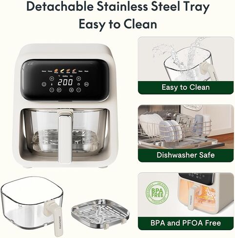 مقلاة هوائية زجاجية 4.2QT، بدون طلاء، 8-1 إعدادات مسبقة، وعاء زجاجي TempWare، تصميم شفاف، آمن للاستخدام في الفريزر وغسالة الأطباق، التحكم في درجة الحرارة حتى 400 درجة فهرنهايت، بيج كريمي in Kuwait