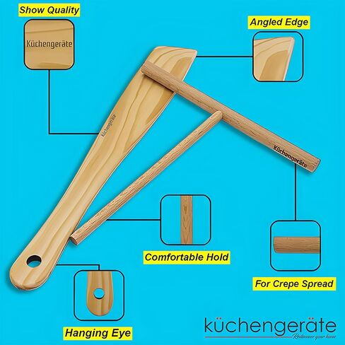 مجموعة صانع الكريب Kuchengerate - عصا توزيع مقاس 3.5 بوصة و5 بوصة و7 بوصة ومقلاة ملعقة مقاس 12 بوصة - هيكل على شكل حرف T - خشب زان طبيعي مصنوع يدويًا - بدون طلاء أو طلاء - ديكورات المطبخ in Saudi Arabia
