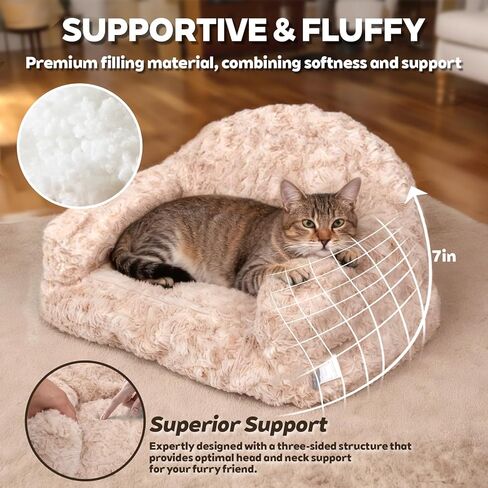 سرير أريكة للقطط من Vigoamar، مقاس 25.6 × 17.7 × 14.2 بوصة، أسرّة قطط فاخرة منفوشة للاستخدام الداخلي للقطط، أريكة للحيوانات الأليفة مع غطاء مريح قابل للغسل وقاعدة غير قابلة للانزلاق للقطط الصغيرة (حجم صغير، بيج) in Kuwait