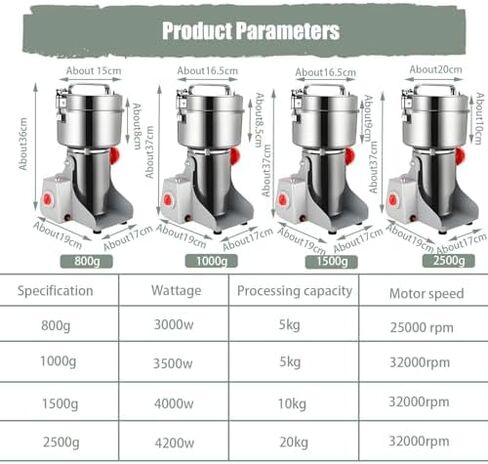 High-Speed Stainless Steel Herb Grinder Mill, 304 Portable Pulverizer with Timing Function, Electric Spice Grinder 1000g, 32000 RPM for Efficient Grinding in Saudi Arabia