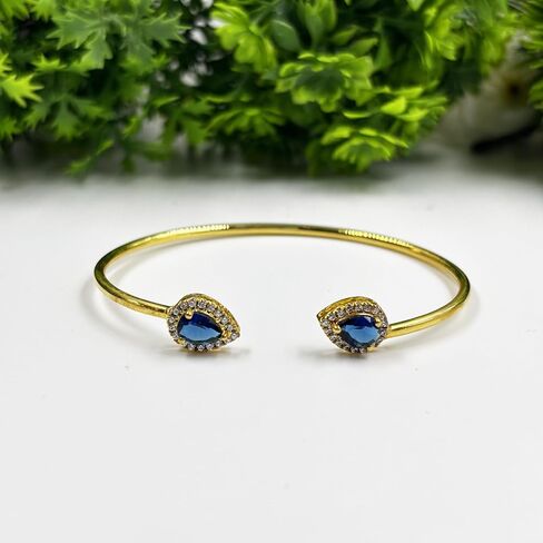 Pear Cut Halo Style Blue Sapphire Cuff Bangle Bracelet for Women, 14K Yellow Gold Finish September Birthstone Sapphire Adjustable Bangle in Saudi Arabia