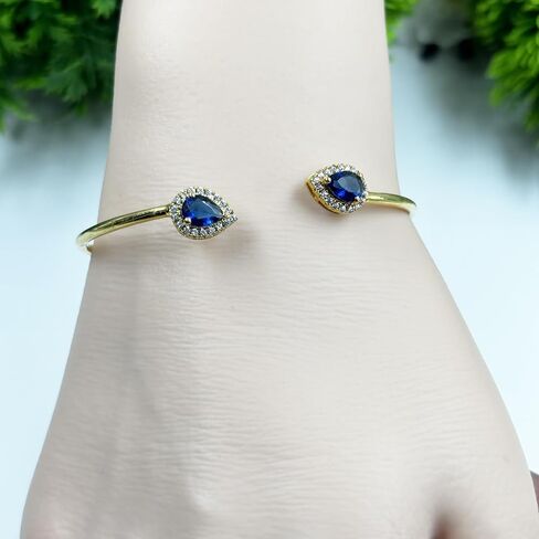 Pear Cut Halo Style Blue Sapphire Cuff Bangle Bracelet for Women, 14K Yellow Gold Finish September Birthstone Sapphire Adjustable Bangle in Saudi Arabia