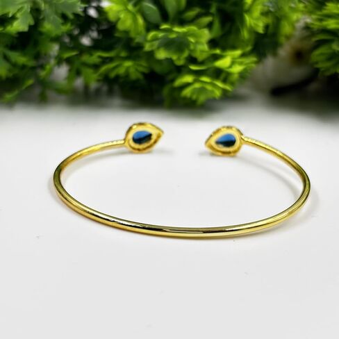 Pear Cut Halo Style Blue Sapphire Cuff Bangle Bracelet for Women, 14K Yellow Gold Finish September Birthstone Sapphire Adjustable Bangle in Saudi Arabia