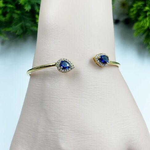 Pear Cut Halo Style Blue Sapphire Cuff Bangle Bracelet for Women, 14K Yellow Gold Finish September Birthstone Sapphire Adjustable Bangle in Saudi Arabia