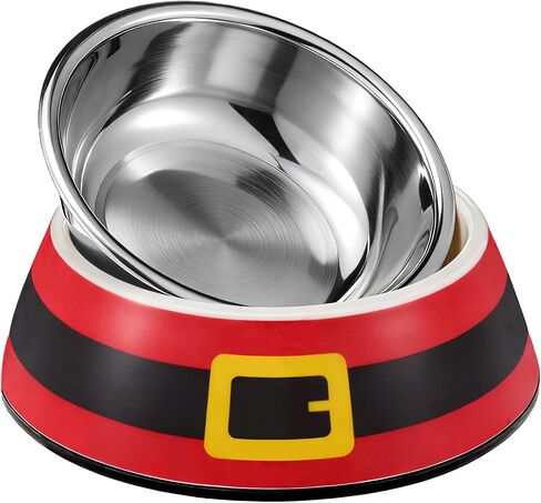 Christmas Pet Food Bowl for Small Dog Cat, 7oz Red Santa Belt 2 in 1 Dog Food Water Bowl Stainless Steel Ceramic Stackable Pet Dish Water Feeder Non Slip Easy Clean 5.51 x 4.33 x 1.77 Inch in Saudi Arabia