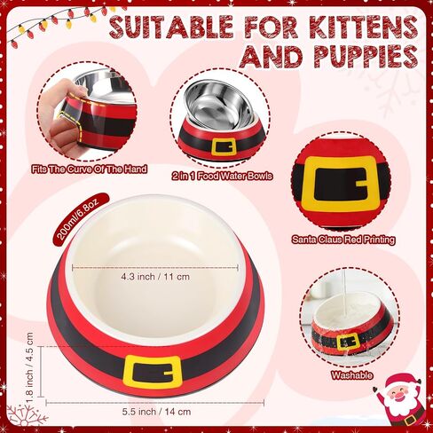 Christmas Pet Food Bowl for Small Dog Cat, 7oz Red Santa Belt 2 in 1 Dog Food Water Bowl Stainless Steel Ceramic Stackable Pet Dish Water Feeder Non Slip Easy Clean 5.51 x 4.33 x 1.77 Inch in Saudi Arabia