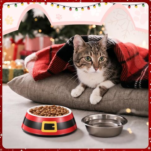 Christmas Pet Food Bowl for Small Dog Cat, 7oz Red Santa Belt 2 in 1 Dog Food Water Bowl Stainless Steel Ceramic Stackable Pet Dish Water Feeder Non Slip Easy Clean 5.51 x 4.33 x 1.77 Inch in Saudi Arabia