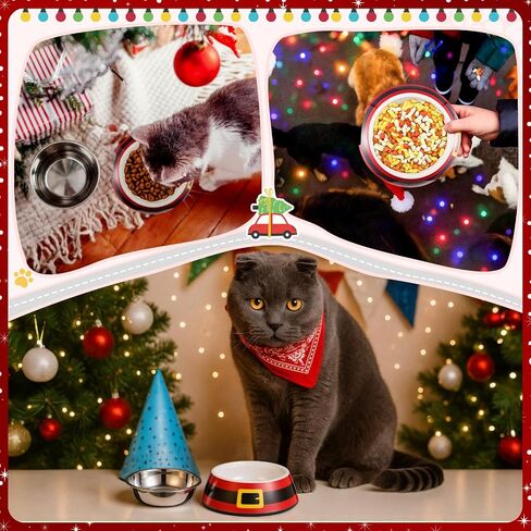 Christmas Pet Food Bowl for Small Dog Cat, 7oz Red Santa Belt 2 in 1 Dog Food Water Bowl Stainless Steel Ceramic Stackable Pet Dish Water Feeder Non Slip Easy Clean 5.51 x 4.33 x 1.77 Inch in Saudi Arabia