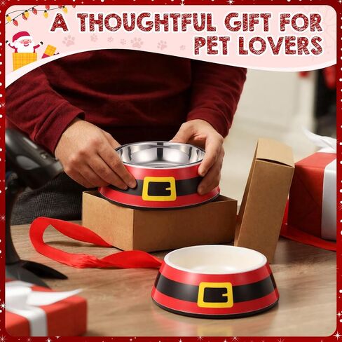 Christmas Pet Food Bowl for Small Dog Cat, 7oz Red Santa Belt 2 in 1 Dog Food Water Bowl Stainless Steel Ceramic Stackable Pet Dish Water Feeder Non Slip Easy Clean 5.51 x 4.33 x 1.77 Inch in Saudi Arabia