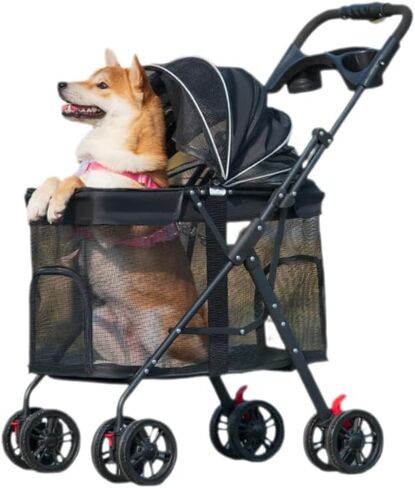 Larger Dog Stroller for Medium Pet, Lightweight, Dispenser, Storage Pouch, Brake Wheels, Easy Folding, Offering A Wide and Breathable View in Saudi Arabia