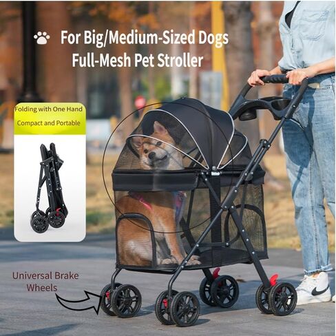 Larger Dog Stroller for Medium Pet, Lightweight, Dispenser, Storage Pouch, Brake Wheels, Easy Folding, Offering A Wide and Breathable View in Saudi Arabia