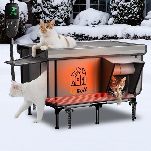 Rywell Pro Heated Cat House for Outside, All-Weather Waterproof PVC Cat Shelter with Reinforced Frame, Elevated Outdoor Cat House with Timer-Temp Control&Multi-Doors for All-Year Ready in Kuwait