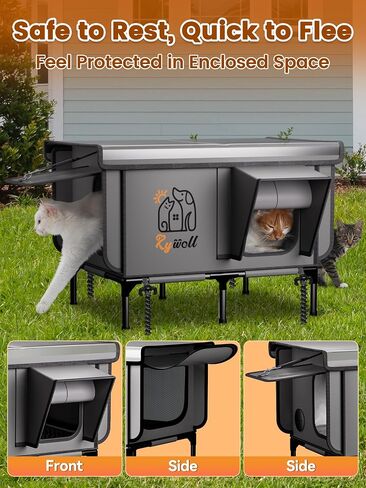 Rywell Pro Heated Cat House for Outside, All-Weather Waterproof PVC Cat Shelter with Reinforced Frame, Elevated Outdoor Cat House with Timer-Temp Control&Multi-Doors for All-Year Ready in Kuwait