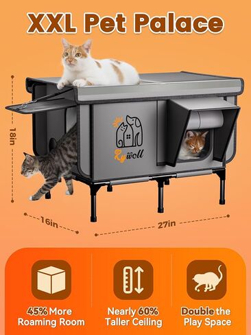 Rywell Pro Heated Cat House for Outside, All-Weather Waterproof PVC Cat Shelter with Reinforced Frame, Elevated Outdoor Cat House with Timer-Temp Control&Multi-Doors for All-Year Ready in Kuwait